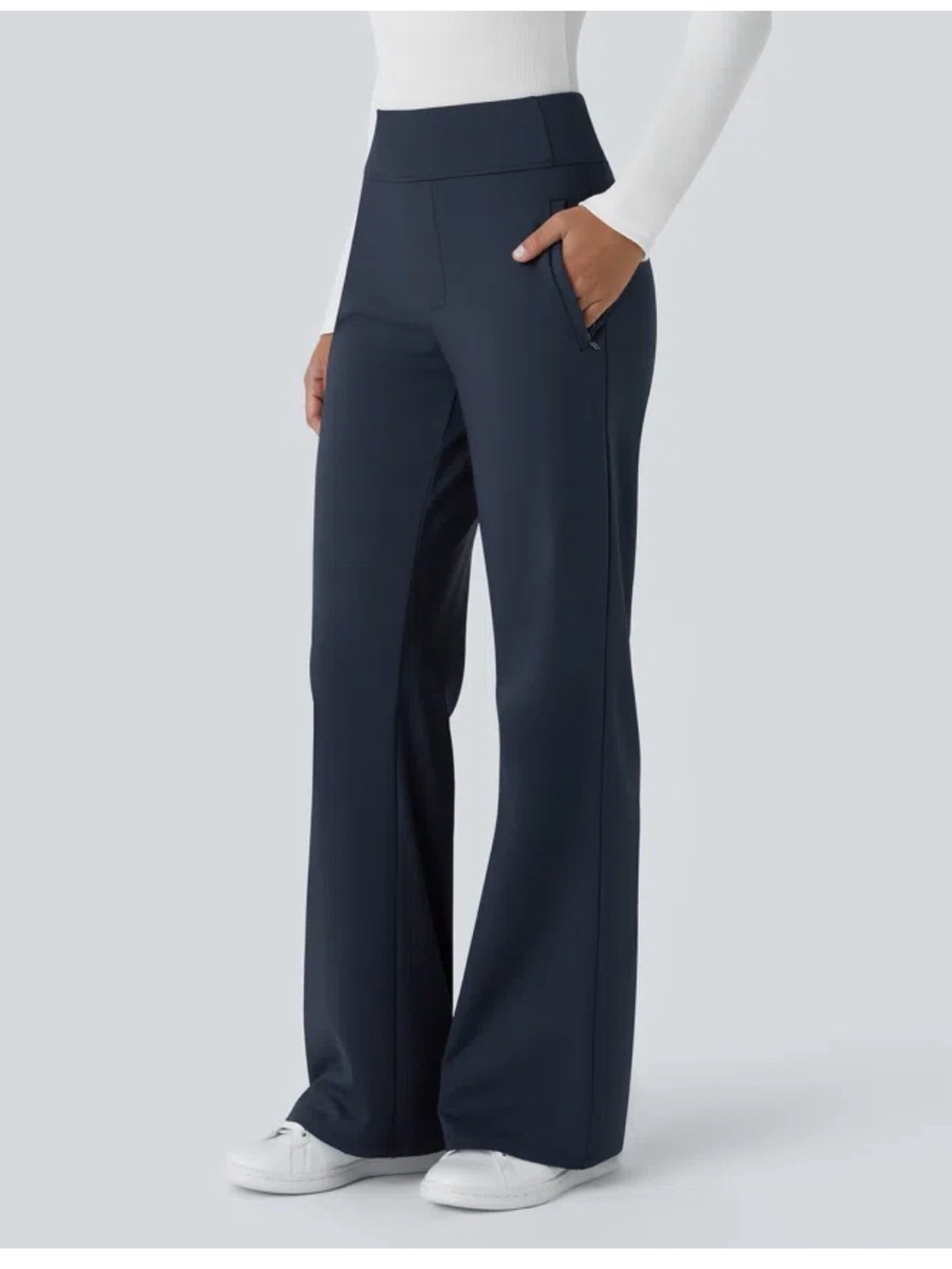 NWT HALARA Sz L Flex Day Stretch Mid Rise Navy Work Flare Pants Side Zip Pockets